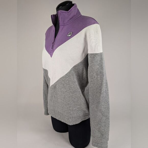 FILA Chevron Colorblock 1/4 Zip Athletic Jacket Sweatshirt in Purple/Gray/White - Picture 4 of 8